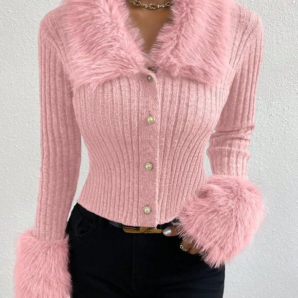 Pink Women's Casual Minimalist Patchwork Faux Fur & Pearl Button Cardigan - Picture 8 of 8